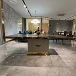 Dark Natural Wood Veneer Dining Table with Gold Stainless Steel Inlay & Quilted Pedestal Base